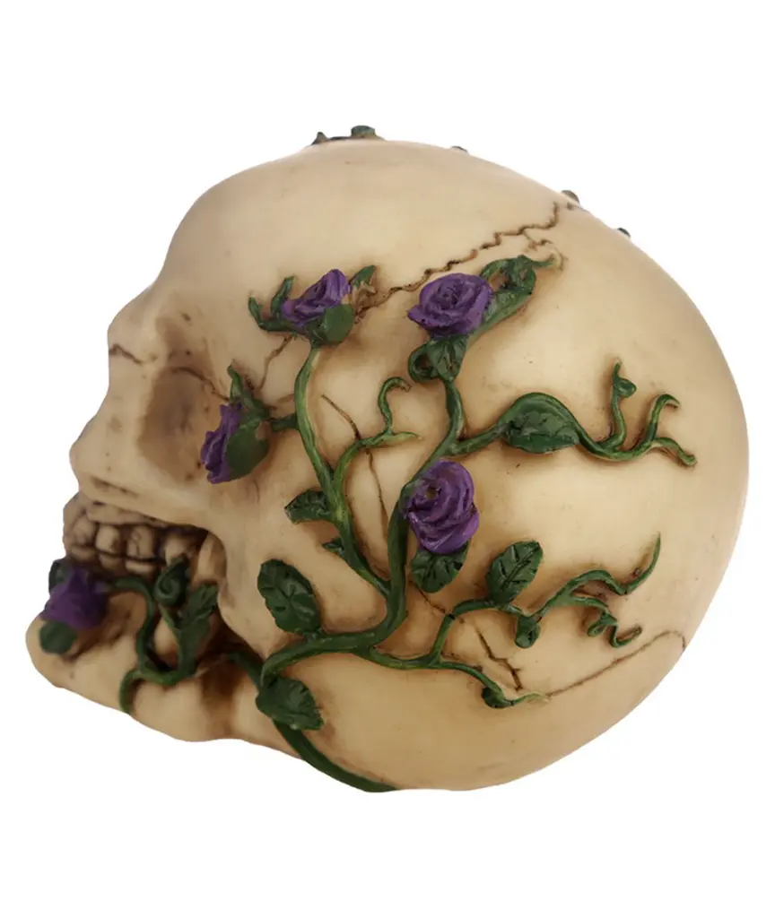 figura-calavera-calavera-y-rosas-moradas-resina (2) maravia.webp
