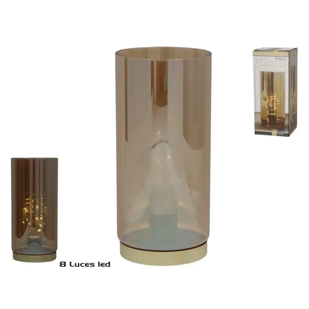[LAMP-LED-AMBAR] Lámpara LED de Cristal Ahumado con Base Dorada - Iluminación Moderna y Elegante (22 cm)