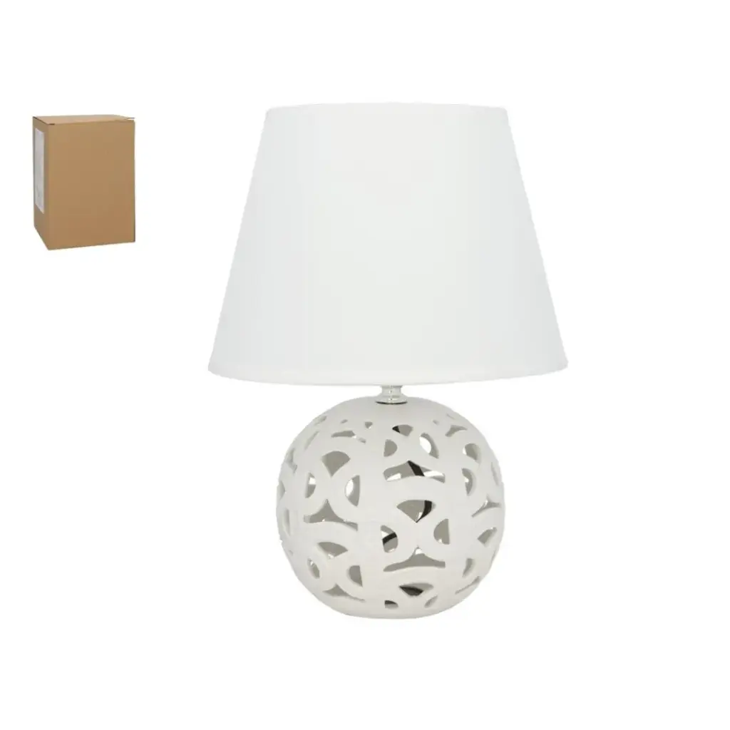 Lámpara de Mesa de Cerámica Blanca con Diseño Calado - Elegancia y Estilo (30 cm)