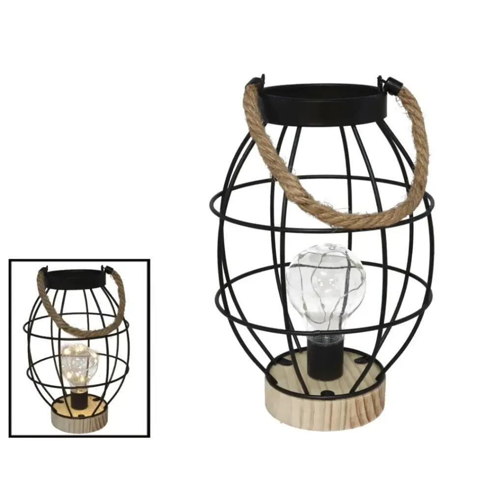 Farol Decorativo de Metal y Madera con Asa de Cuerda - Estilo Rústico Industrial (48 cm)  