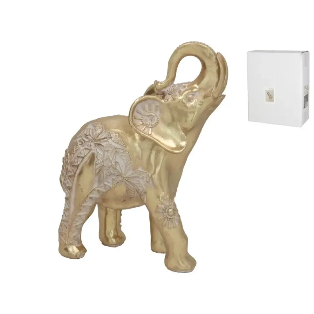 [8445393397771] Figura de Elefante Dorado con Detalles Tallados - Decoración Elegante y Feng Shui (26 cm)