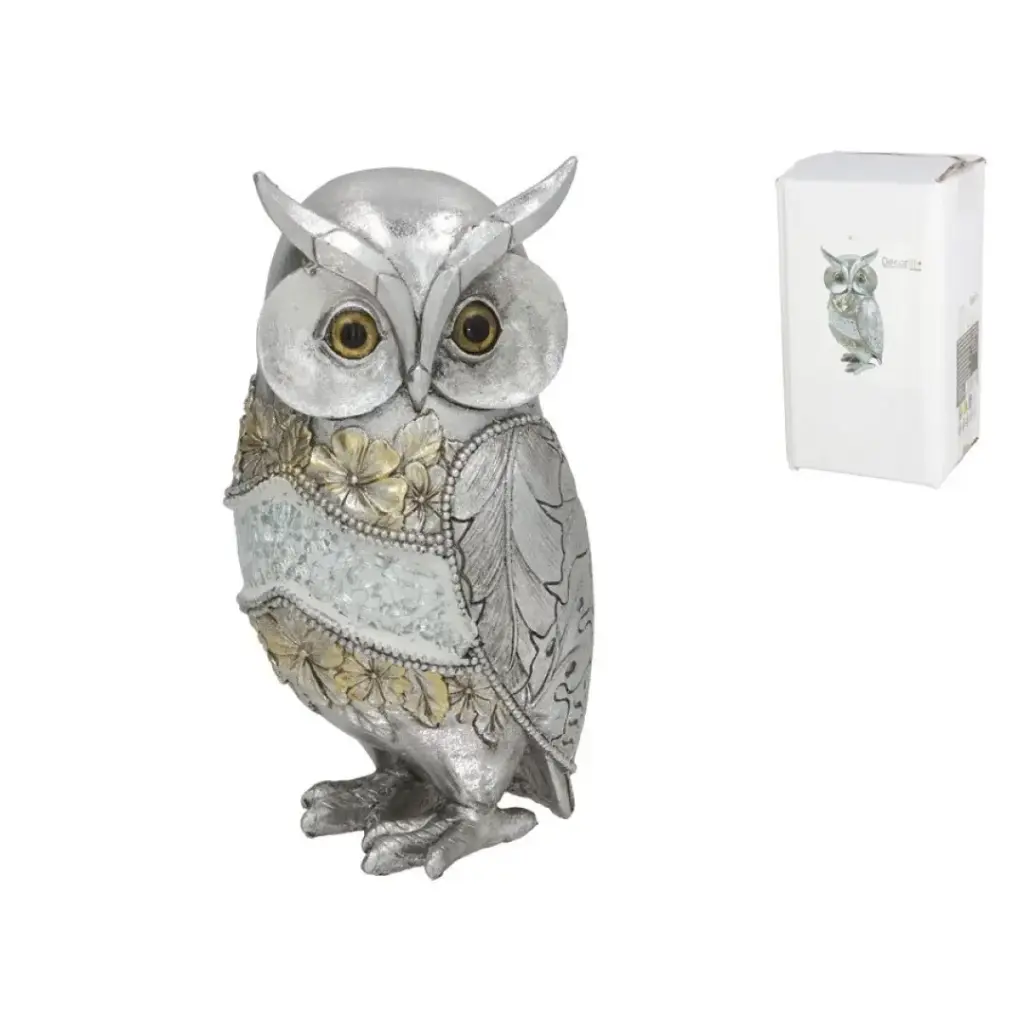 Figura de Búho Plateado con Detalles Florales - Decoración Elegante y Simbólica (20 cm)