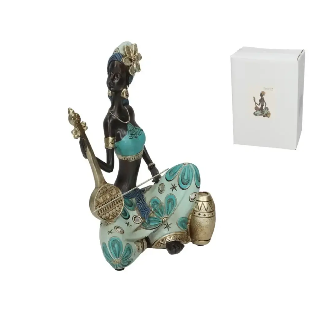 Figura de Mujer Africana con Instrumento - Decoración Étnica y Boho (22 cm)