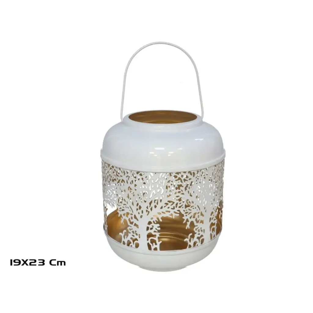 Farol Decorativo de Metal Blanco con Diseño Calado de Árboles - Elegancia y Estilo Vintage (23 cm)