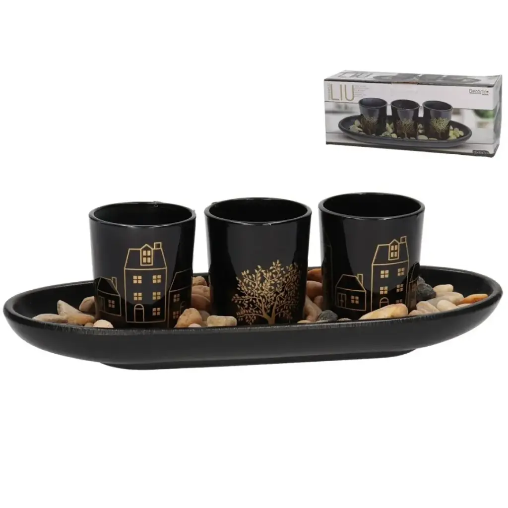 Set de Portavelas Decorativo con Diseño Elegante en Negro y Dorado