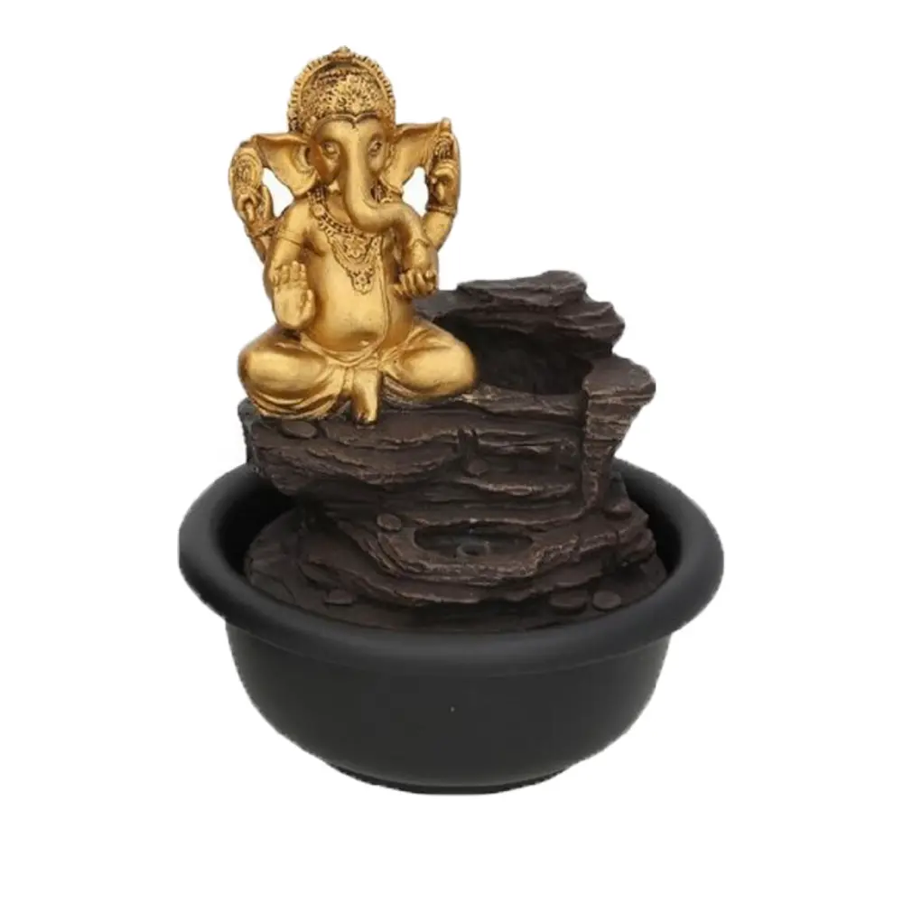 Fuente Decorativa Ganesha, Estilo Zen, Base de Cerámica Negra con Cascada y Figura Dorada, Decoración para Hogar y Oficina