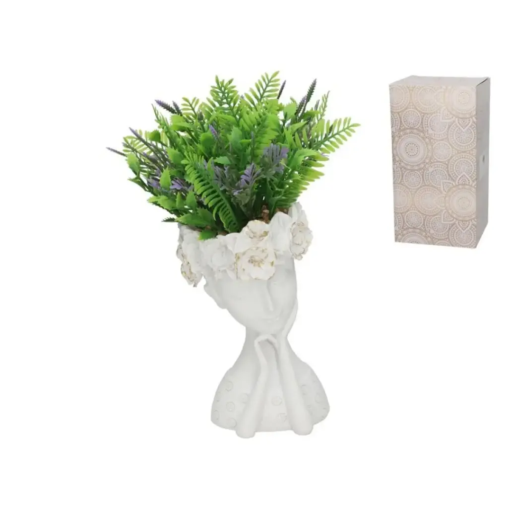 [MAC-BLA-245] FLORERO C/PLANTA LAKSHMI 21,5X18X30 CM RESINA