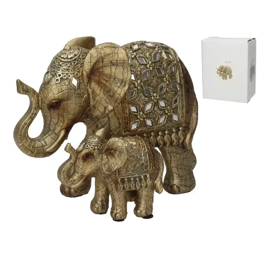 [Dorado envejecido] Figura de Elefantes Dorados con Detalles en Espejo - Decoración Feng Shui de Abundancia y Protección (20 cm) 