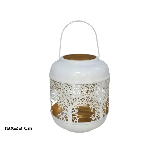 [FAROL-ARBL-VID] Farol Decorativo de Metal Blanco con Diseño Calado de Árboles - Elegancia y Estilo Vintage (23 cm)