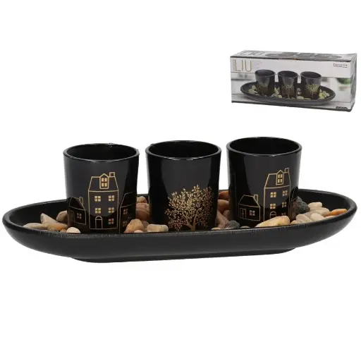 [PORT-VELA-LIU] Set de Portavelas Decorativo con Diseño Elegante en Negro y Dorado
