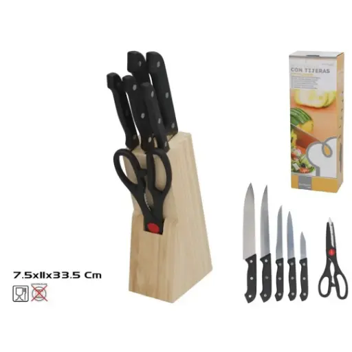 [SET-CUCH-6] SET 7 CUCHILLOS CON TIJERAS SOPORTE MADERA 19CM