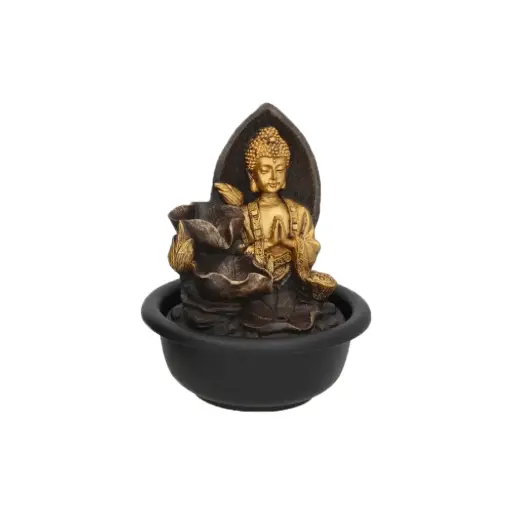 [FNT-BUDA-MEDITA20] Fuente Decorativa Zen con Buda, 16x16x20 cm, Diseño Meditativo en Dorado y Marrón para Interior