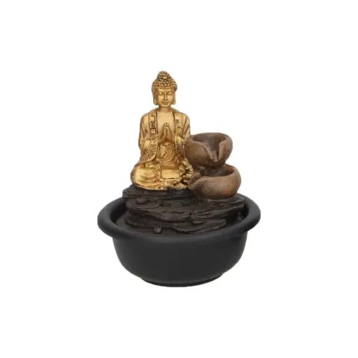 [FNT-BUDA-ORACION20] Fuente Decorativa Buda Zen con Cascada, 16x16x20 cm, Dorado y Marrón, para Decoración Interior