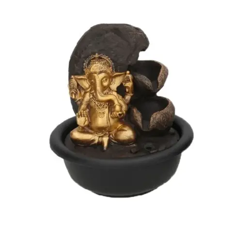 [FNT-GANESH-ZEN16] Fuente Decorativa Ganesha, Estilo Zen, 16x16x19 cm, Dorado y Marrón, para Meditación y Decoración del Hogar