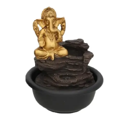 [FNT-GANESH-ZEN20] Fuente Decorativa Ganesha, Estilo Zen, Base de Cerámica Negra con Cascada y Figura Dorada, Decoración para Hogar y Oficina